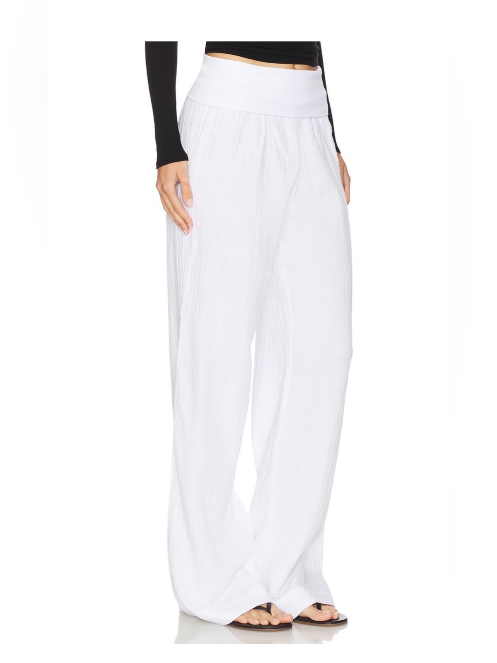 Bobi White Wide-Leg Linen Foldover Pants